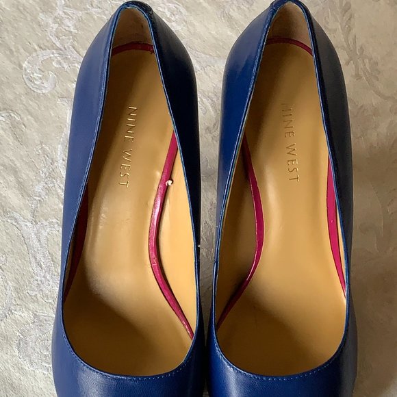 NINE WEST Blue Leather Pink Peep Toe Heels, Sz 7 - Picture 9 of 10